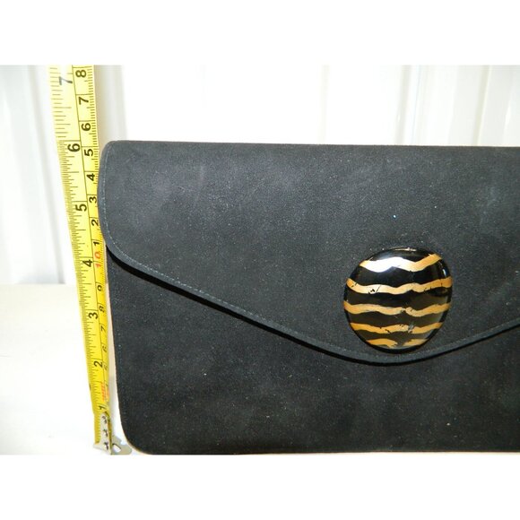 Vtg Costablanca Black Suede Envelope Clutch Gold Chain Strap Tiger Stripe Button - Picture 4 of 14